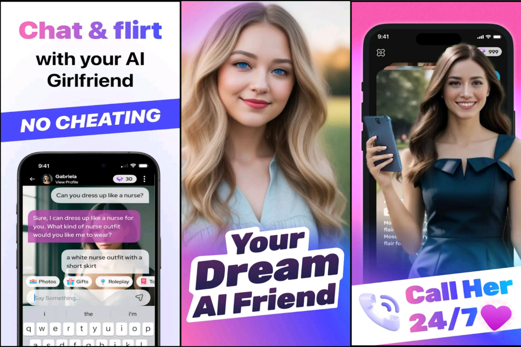DreamGF mobile app interface – talk to realistic AI girlfriends and build meaningful virtual relationships