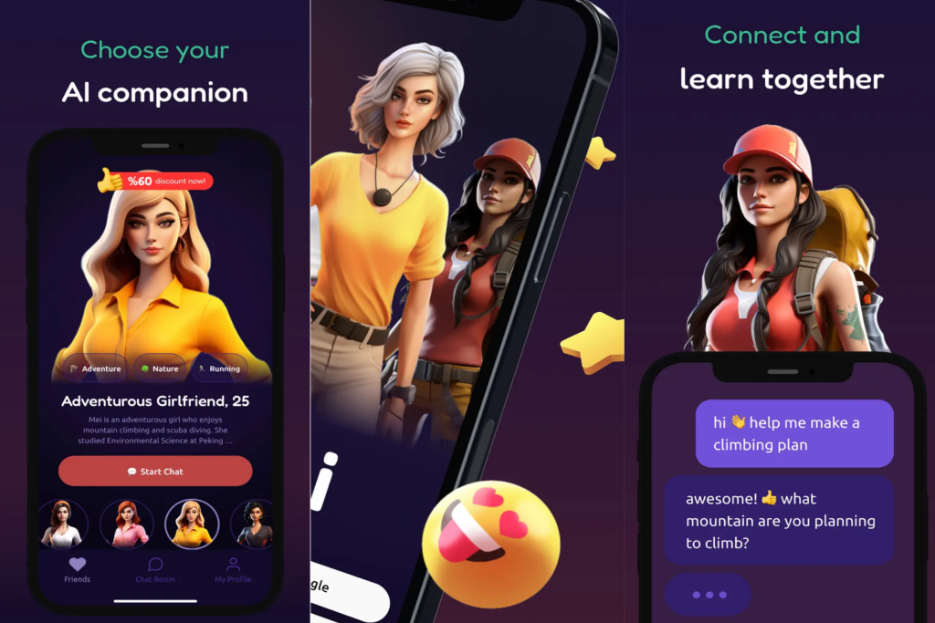 Joi AI mobile app interface – chat with lifelike AI girlfriends and experience digital love and romance