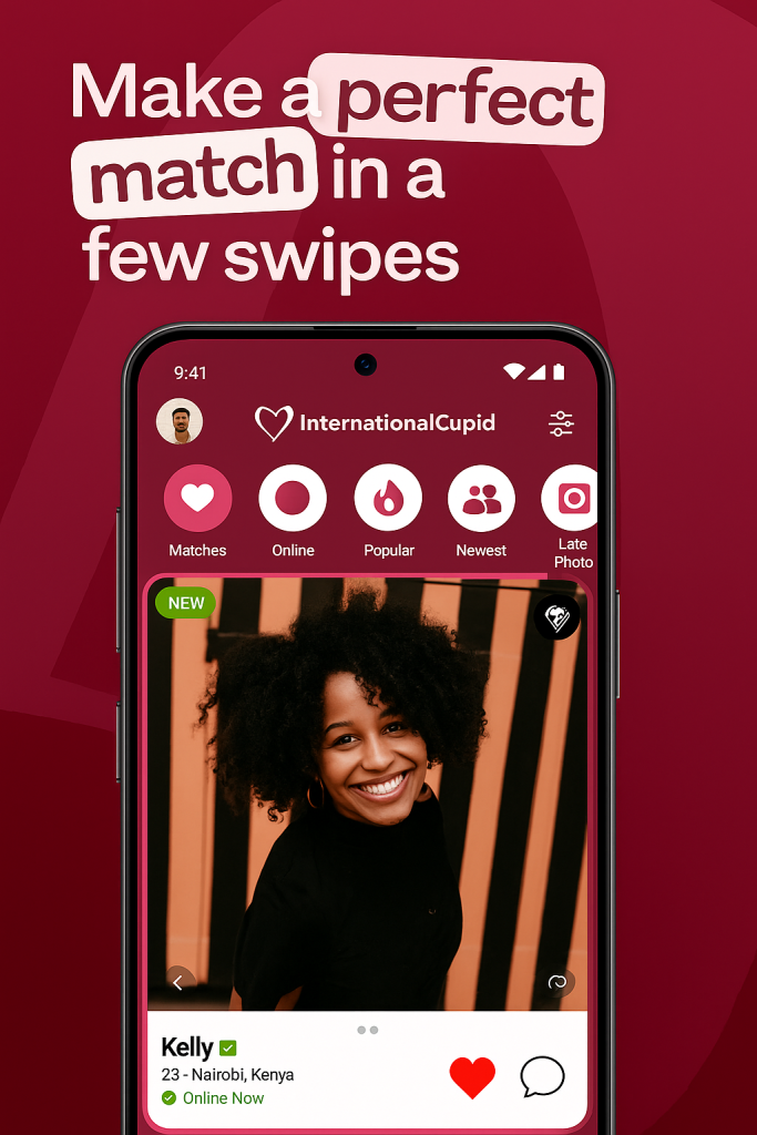 InternationalCupid mobile app interface – meet international singles near you and find love through online dating