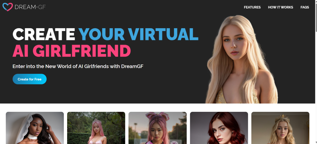 DreamGF homepage – personalized AI girlfriend platform offering emotional support and virtual companionship