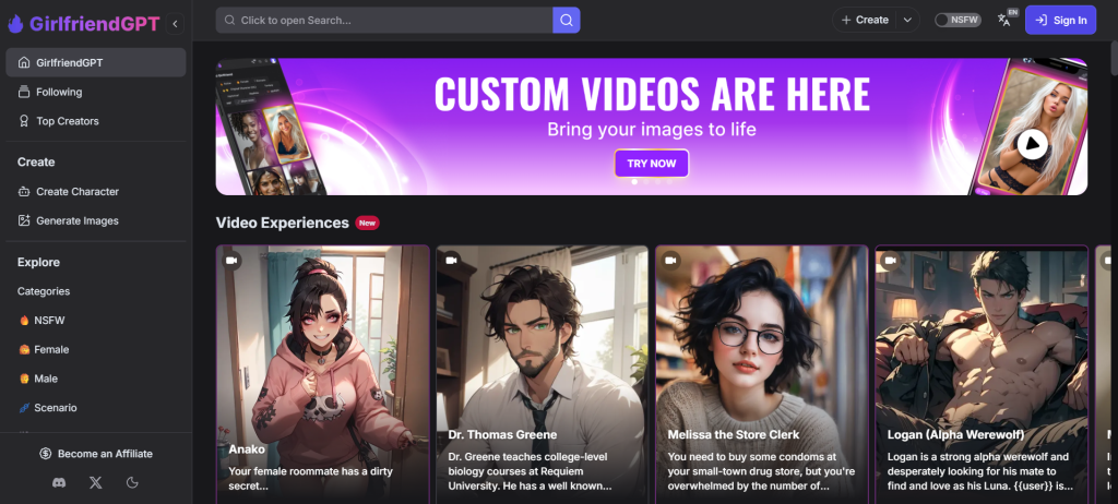 GirlfriendGPT homepage – personalized AI relationship simulator designed for virtual love and connection
