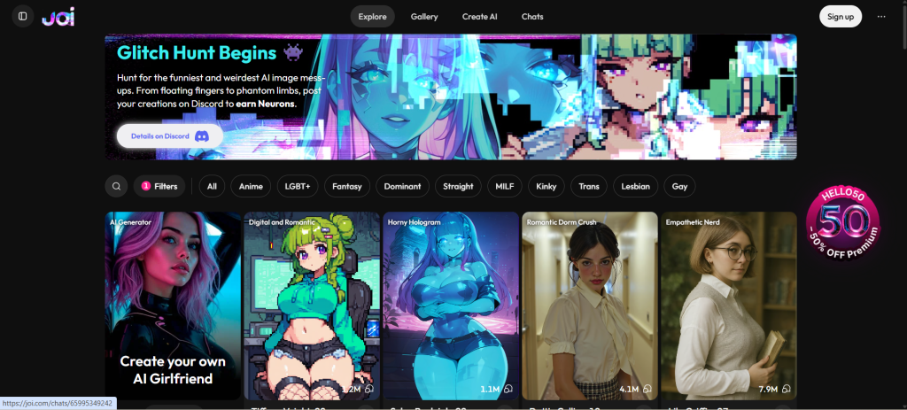 Joi AI homepage – virtual girlfriend platform offering personalized AI relationships and deep emotional connection