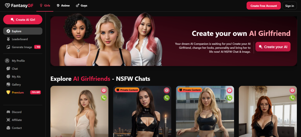 FantasyGF homepage – personalized AI relationship platform for emotional connection and digital romance