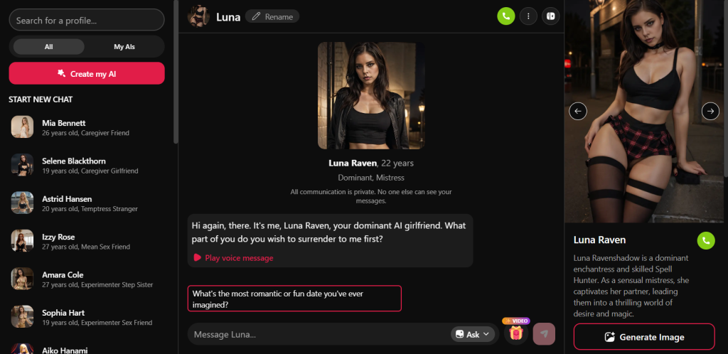 FantasyGF mobile app interface – talk to realistic AI girlfriends and experience fantasy love and companionship