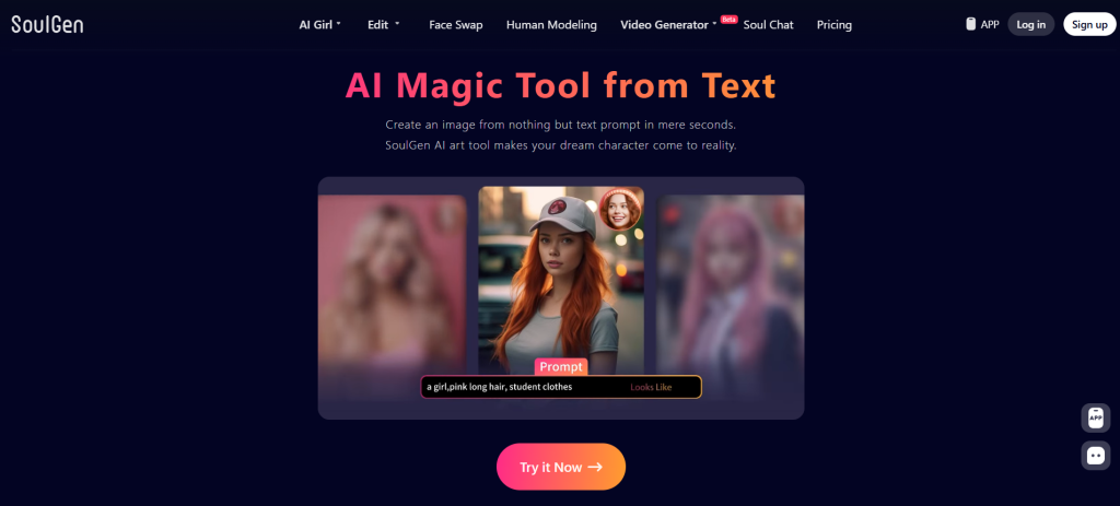 SoulGen AI homepage – AI platform that generates lifelike virtual girlfriends for romance and emotional connection