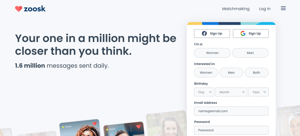 Zoosk homepage – smart dating platform using behavioral matchmaking to connect singles