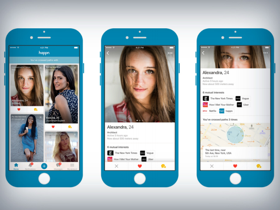 Happn mobile app interface – meet nearby singles and start chatting through the dating app