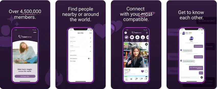 AsianDating.com mobile app interface – meet Asian singles and start chatting for serious relationships