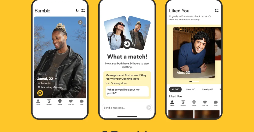Bumble mobile app interface – connect with singles nearby and start dating or building relationships