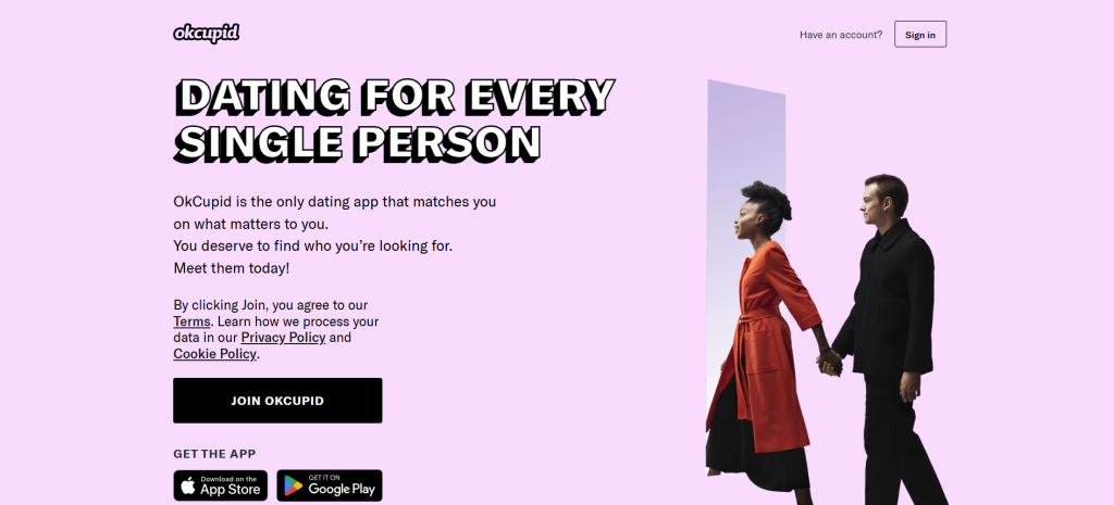 OkCupid homepage – inclusive online dating platform to find love and connect with local singles