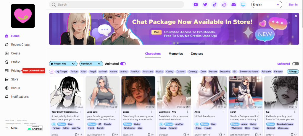 CrushOn AI homepage – AI companion platform offering personalized conversations and emotional connection