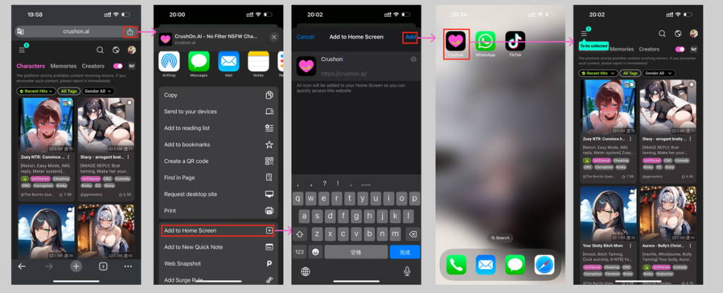 CrushOn AI mobile app interface – chat with realistic AI partners and build your own digital relationship
