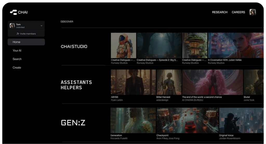 Chai AI mobile app interface – chat with AI partners and experience personalized digital companionship