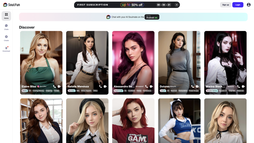 SoulFun AI homepage – AI companion platform offering emotional support and personalized relationships