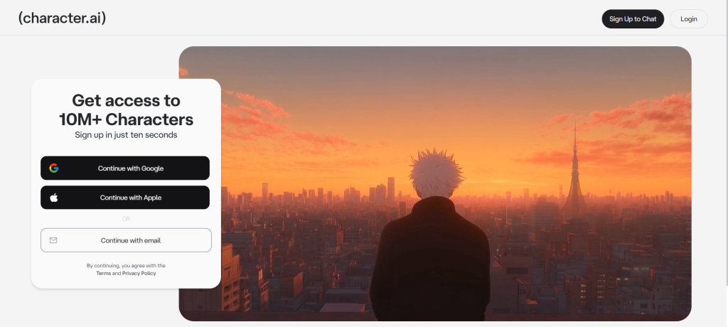 Character AI homepage – AI companion platform where users create and chat with personalized AI characters
