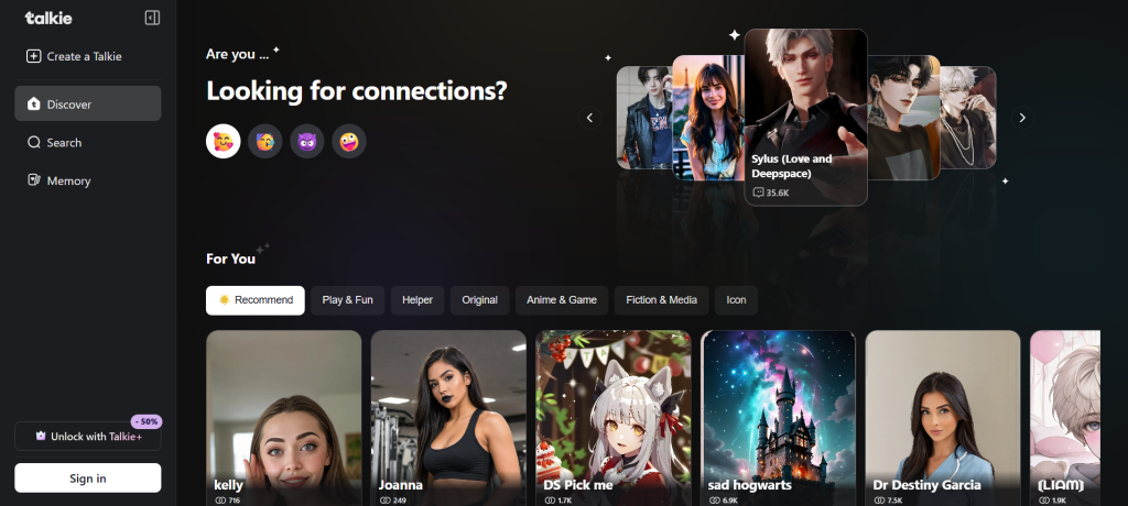 Talkie AI homepage – interactive AI companion platform for emotional support and personalized relationships