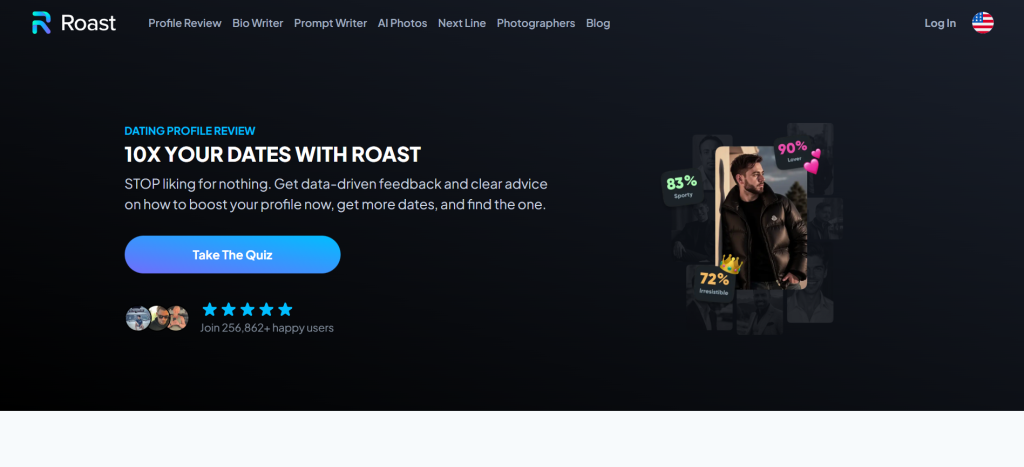 RoastDating AI homepage – AI-powered dating assistant for witty profile feedback and better matchmaking