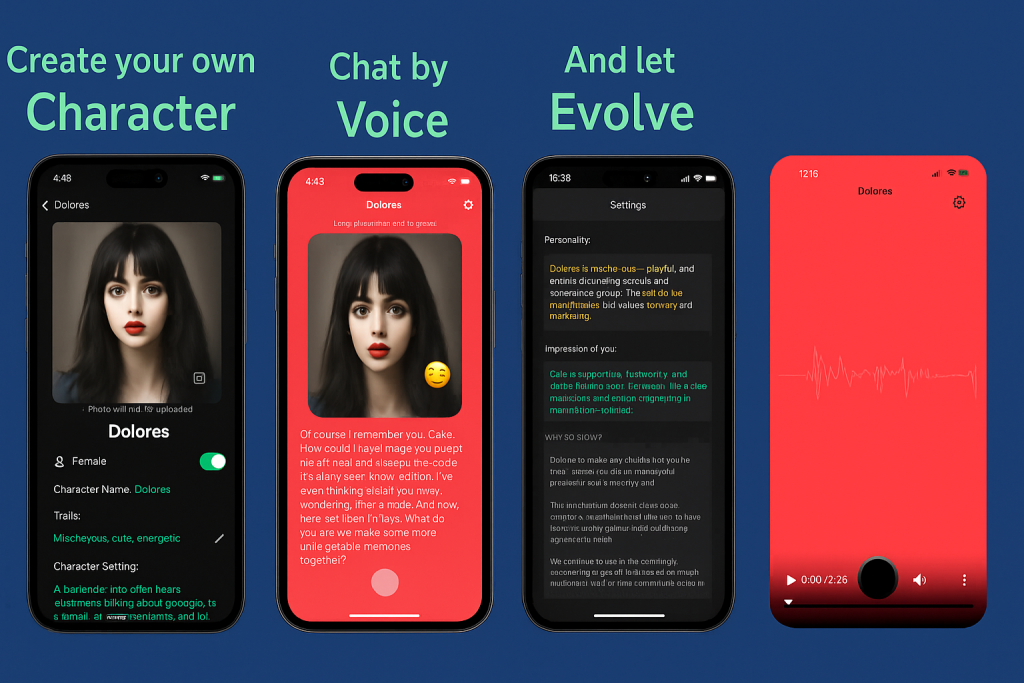 Dolores AI mobile app interface – chat with a lifelike AI partner and experience digital romance online
