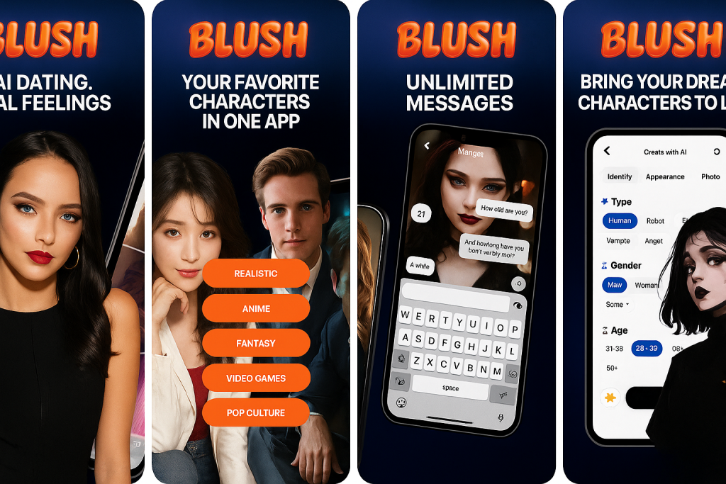 Blush AI mobile app interface – chat with realistic AI partners and explore virtual love and romance
