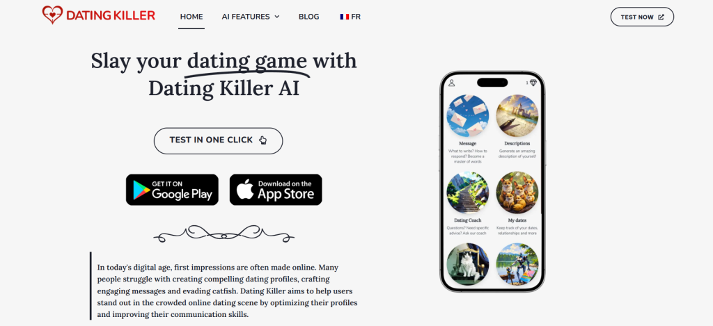 DatingKiller AI homepage – AI relationship simulator offering flirty chats and emotional companionship