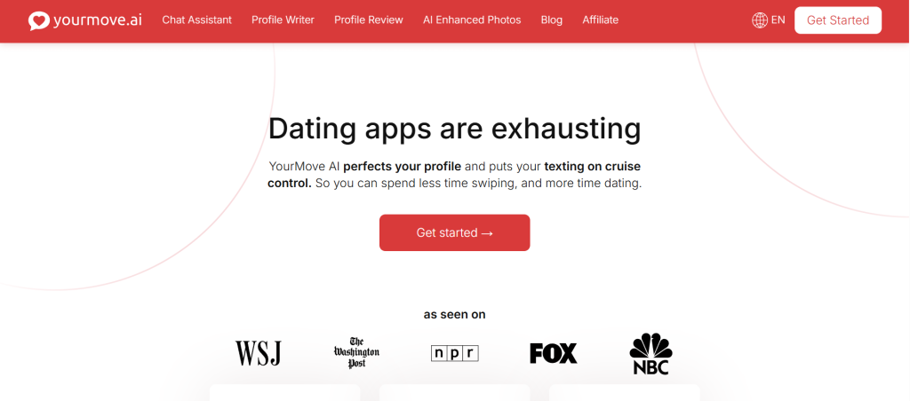 YourMove AI homepage – AI-powered dating coach helping users start conversations and build real connections