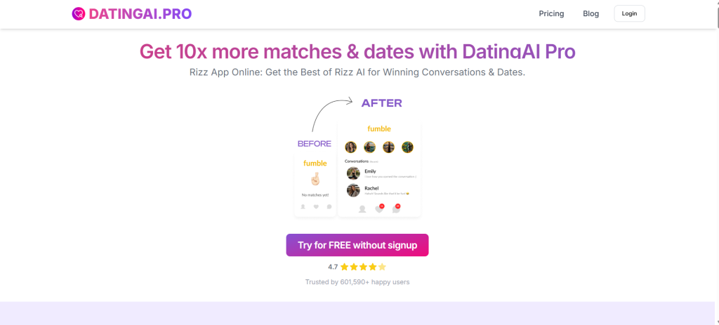 DatingAI Pro homepage – intelligent AI companion platform for realistic conversations and emotional connection