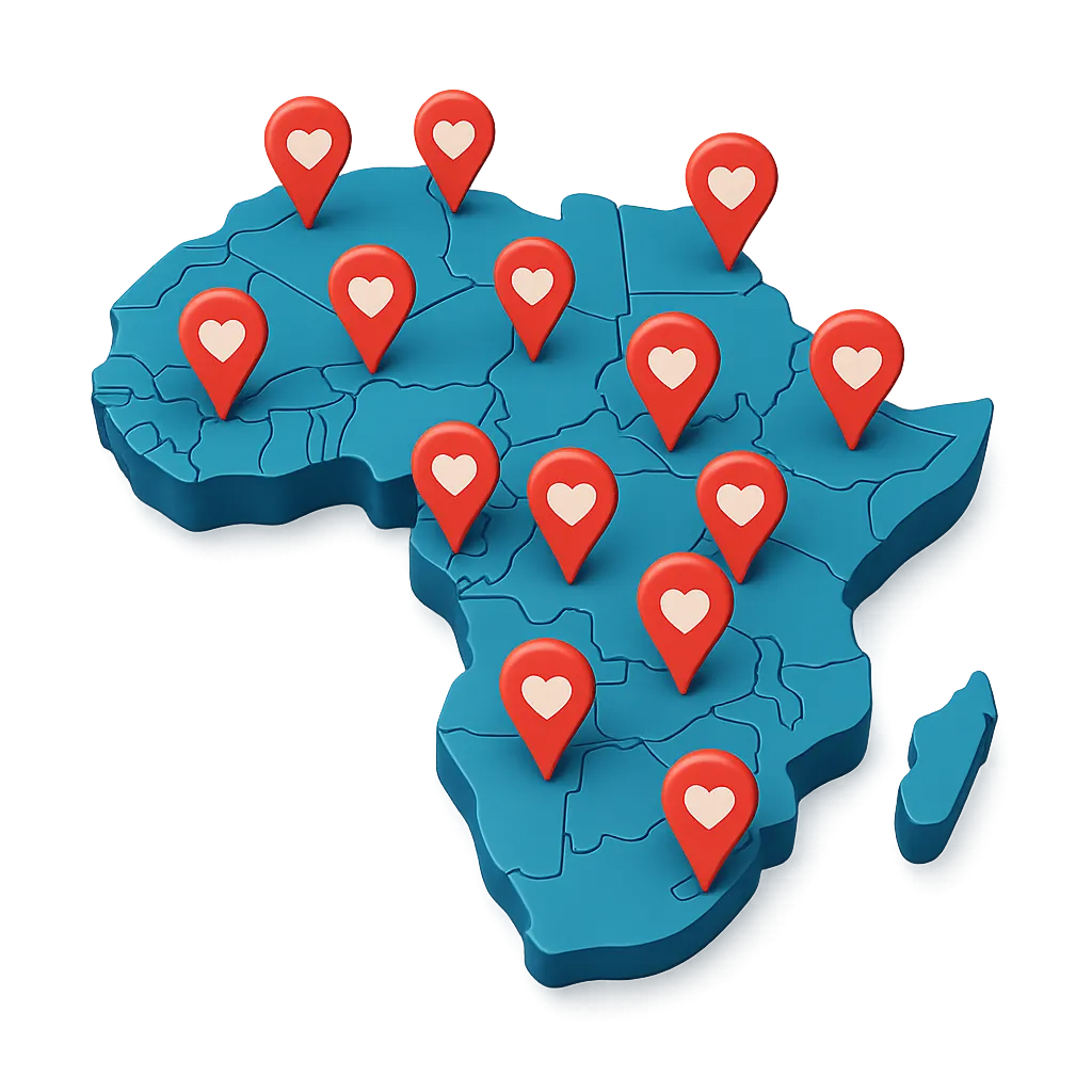 Map of Africa with multiple love pins – African dating apps, meet African women, African dating sites.