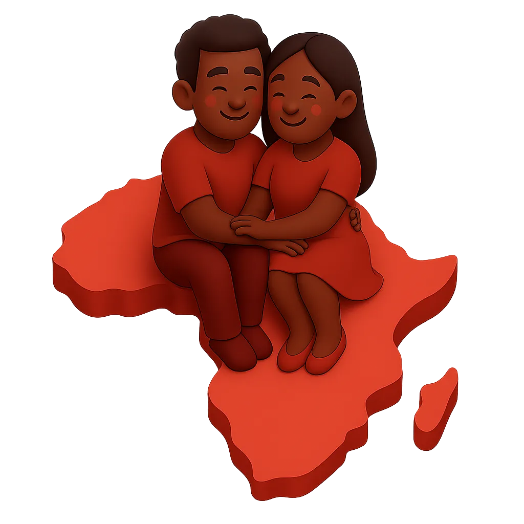 Black couple sitting on African map – African dating, meet girls in Africa, African dating apps.