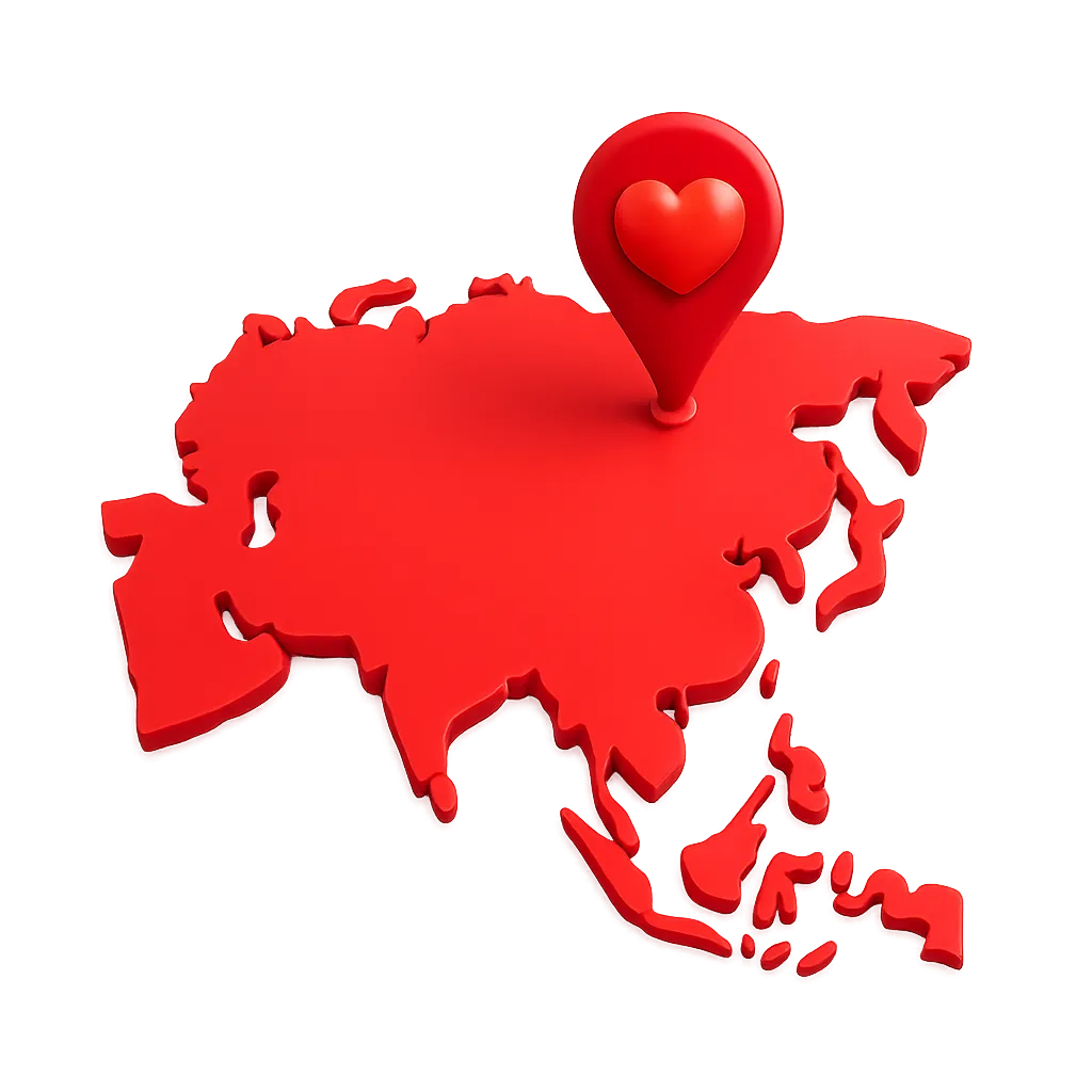 Asian dating overview map showing the Asian continent for Asian dating apps, Asian dating sites, and meeting girls in Asia.