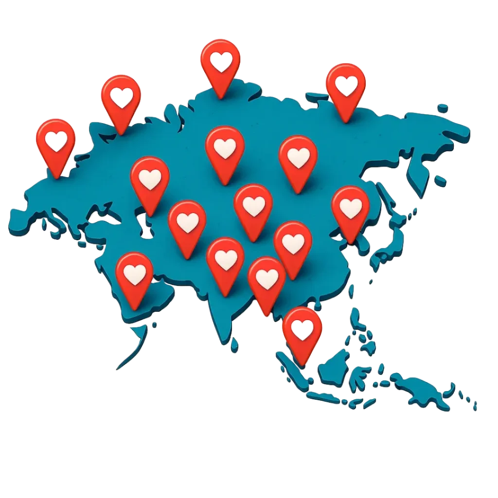Asian dating map with love pins highlighting top countries for Asian dating apps, Asian dating sites, and how to meet girls in Asia.