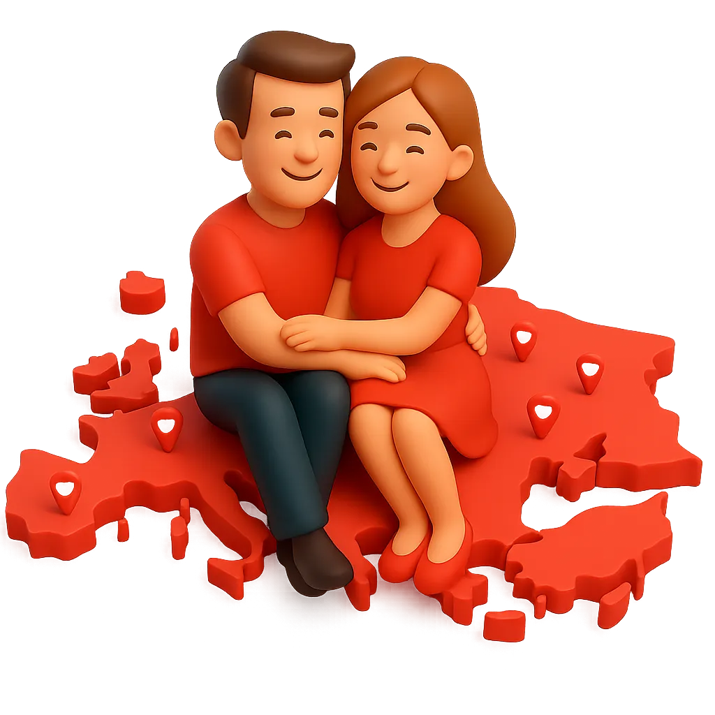 European dating illustration of a couple sitting on the Europe map, representing Europe dating culture, European dating apps, and meeting girls in Europe.