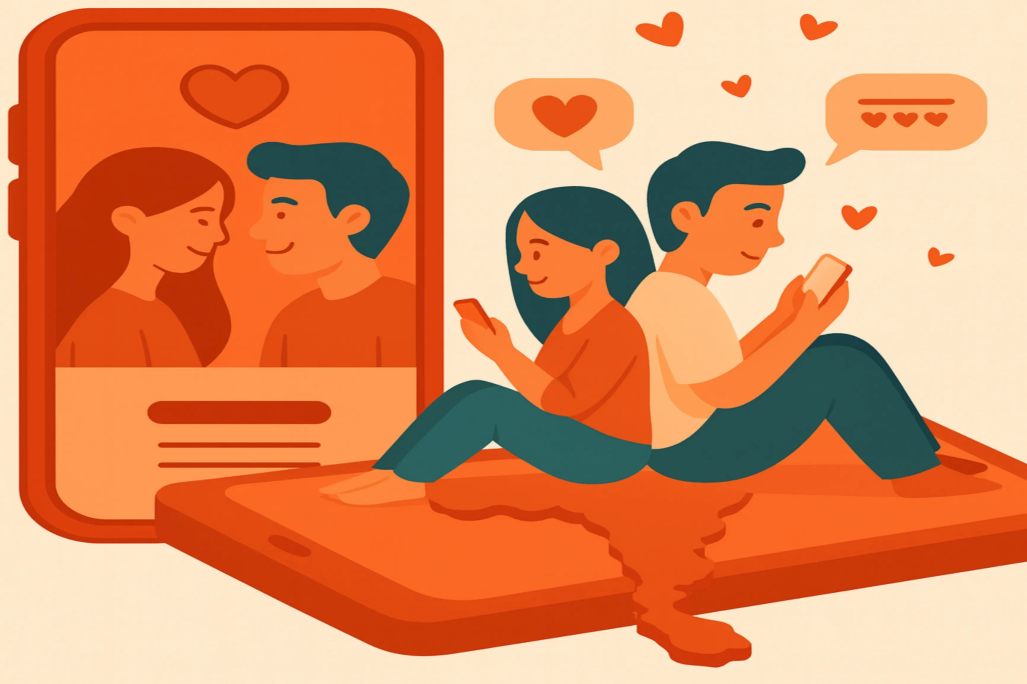 illustration of a couple chatting on their phones while sitting on a large smartphone with hearts floating around, representing the best dating apps and online matchmaking