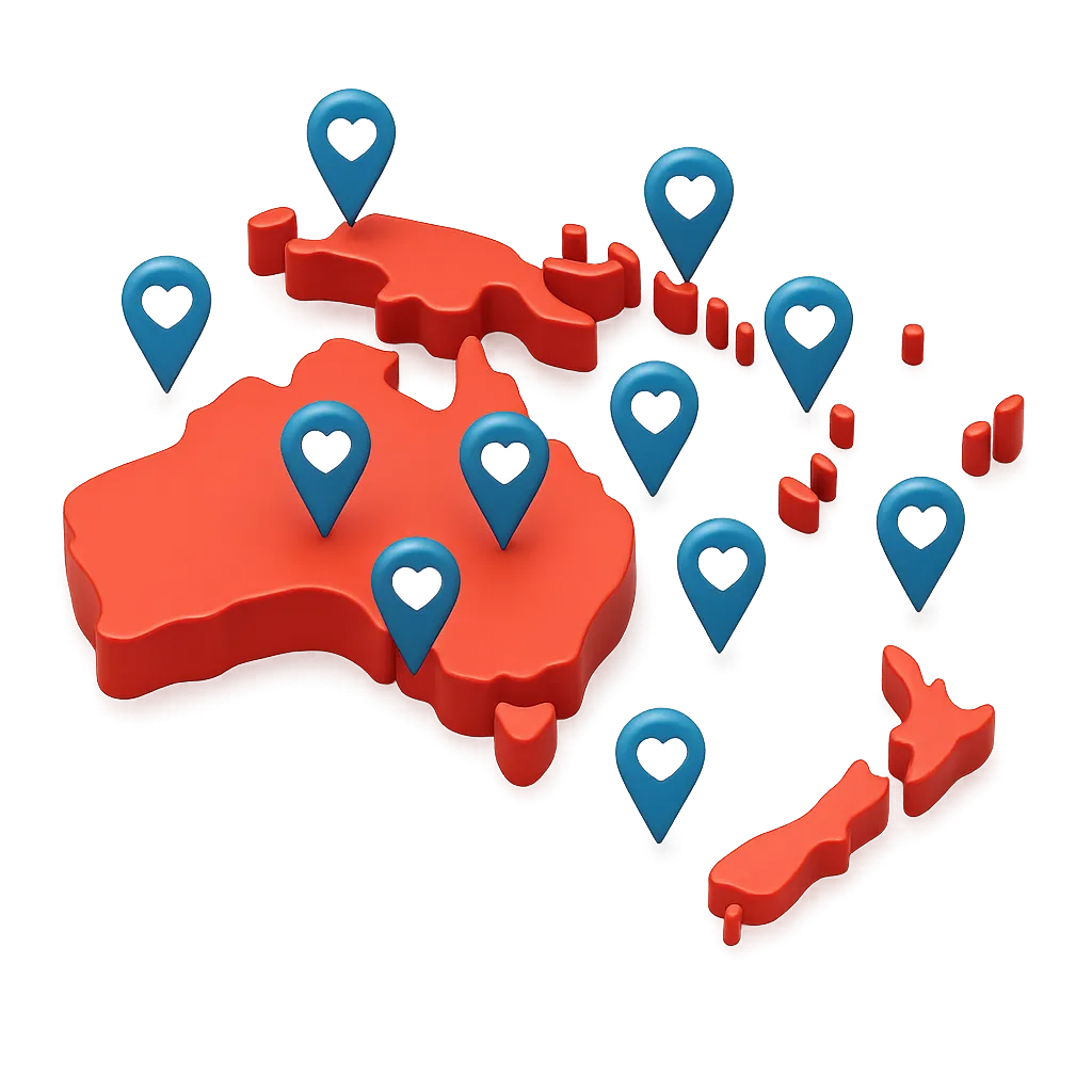 oceania dating hotspots map showing popular countries for dating in oceania including australia new zealand and pacific islands with multiple love pins oceania dating apps meet girls in oceania
