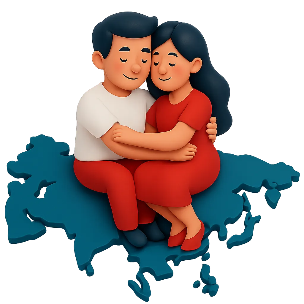 Asian dating illustration with a couple sitting on the Asia map, representing Asian dating culture, Asian dating apps, and meeting girls in Asia.