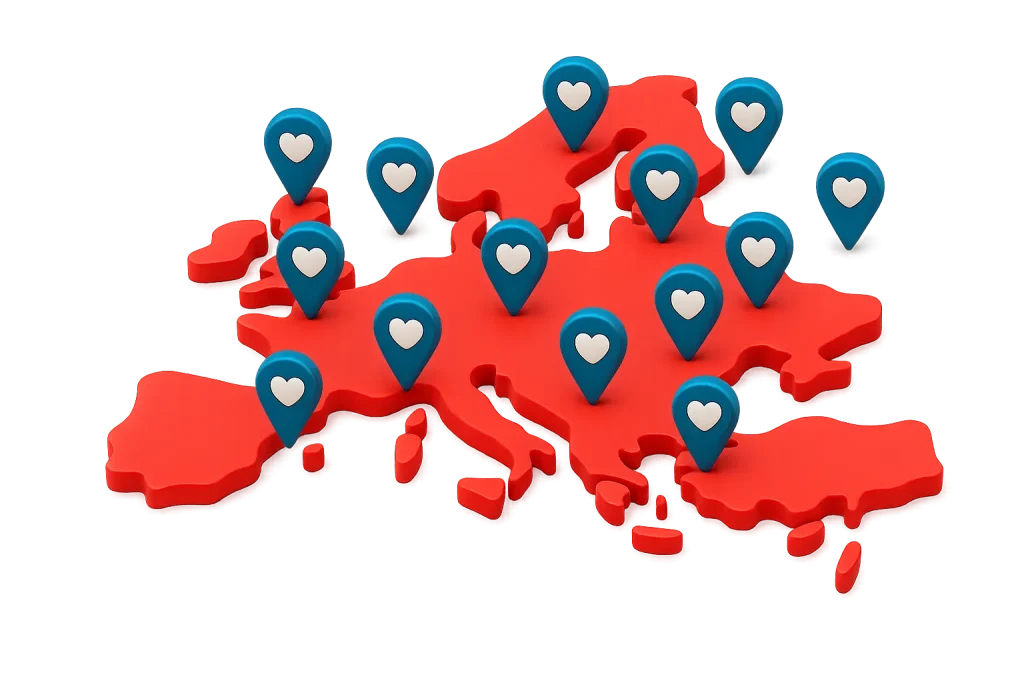 European dating map with love pins showing top countries for European dating apps, European dating sites, and how to meet girls in Europe.