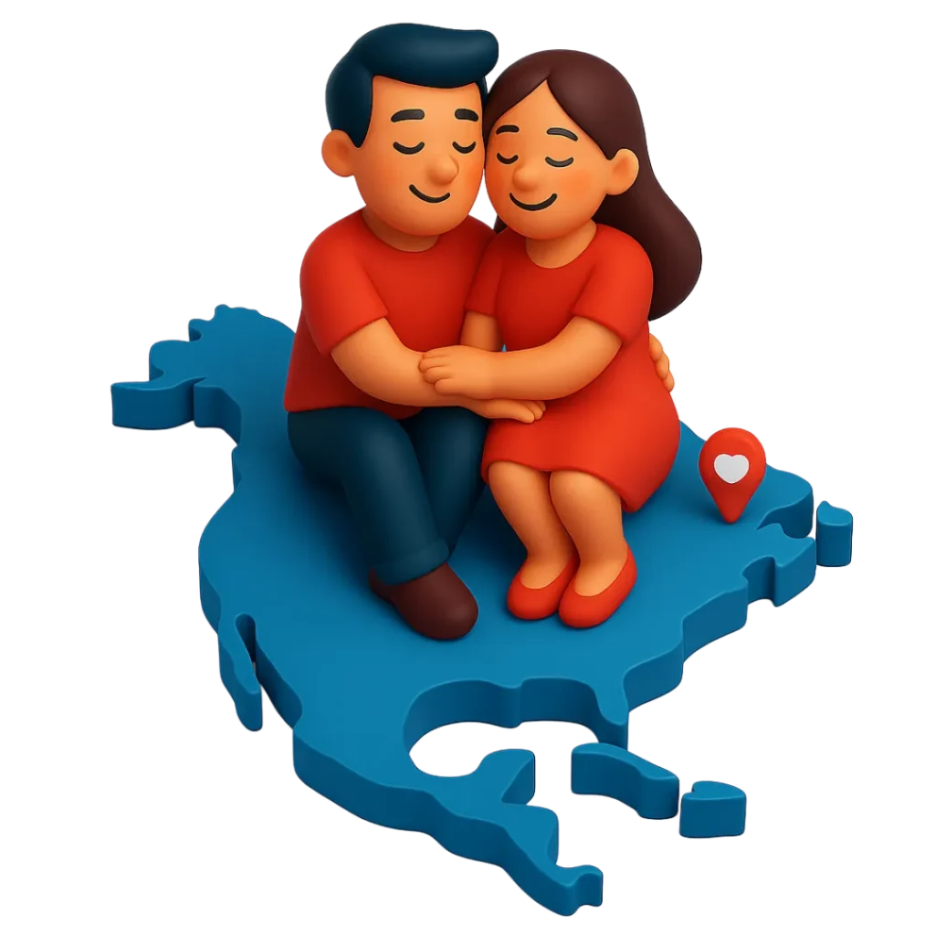 North American dating couple sitting on the North America map, representing North American dating culture, dating apps, dating sites, and meeting girls in North America.