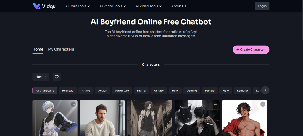 Vidqu AI blends AI girlfriend/boyfriend chat with NSFW-friendly image/video tools, credits pricing, and mobile access.