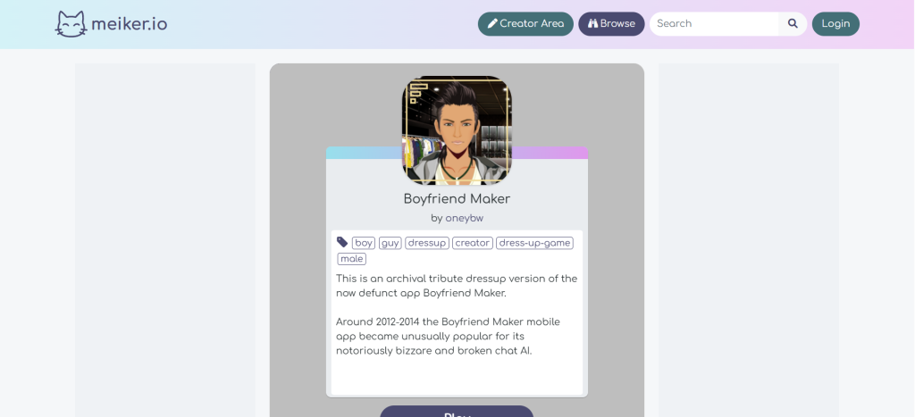 Meiker.io is a browser-based character creator that helps users design AI girlfriend/boyfriend avatars for roleplay, profiles, and prompts.