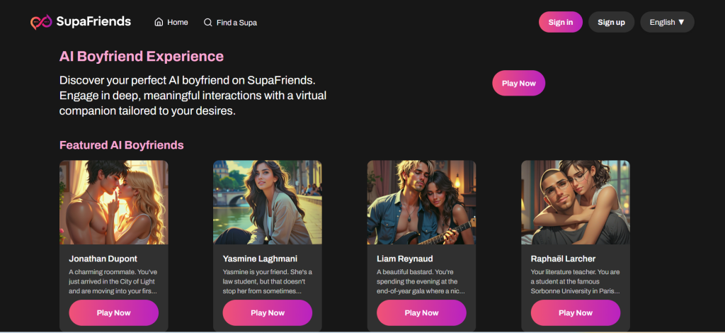 Superfriends AI offers AI boyfriend-style chat, roleplay, and customizable companions with a web-first experience and optional paid upgrades.