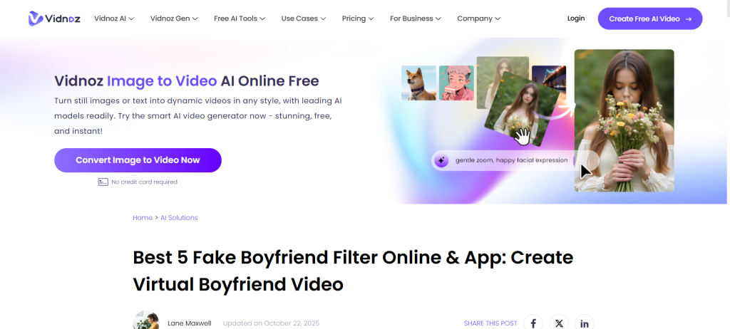 Vidnoz AI is an AI video generator for avatar “boyfriend/girlfriend” clips, voices, and templates—great for creators, not true AI dating.