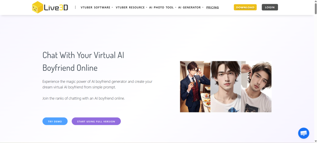 Live3D AI helps users create VTuber-style avatars for AI dating content, roleplay, and virtual boyfriend/girlfriend videos.