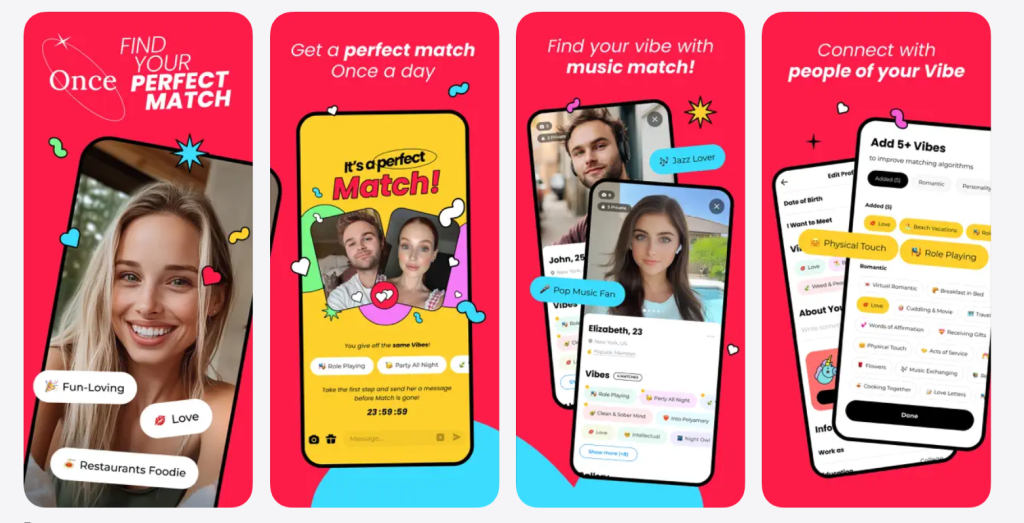 once homepage screenshot showing dating app interface with curated daily match feature to meet new people online