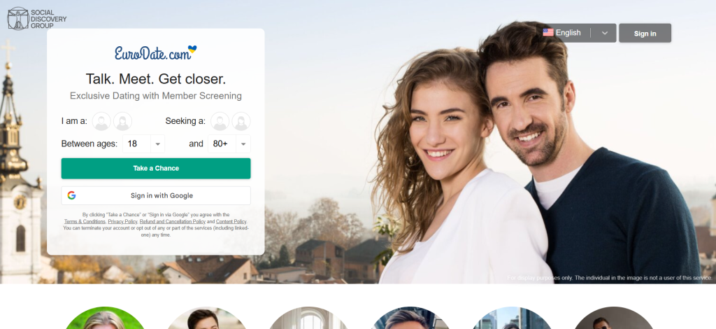 eurodate homepage screenshot showing international dating platform interface with profile browsing to meet new people online
