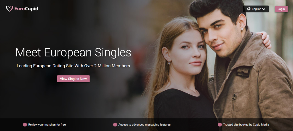 eurocupid homepage screenshot showing international dating site interface with profile browsing to meet new people online