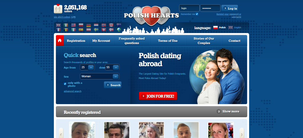 polish hearts homepage screenshot showing niche dating site interface with profile browsing to meet new people online