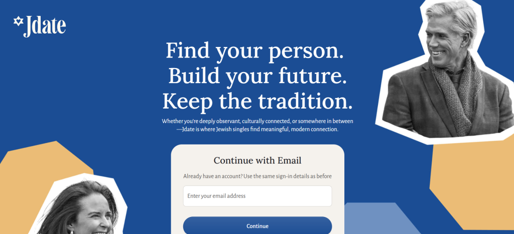 jdate homepage screenshot showing jewish dating site interface with profile browsing to meet new people online