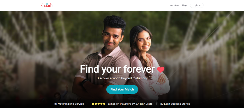 shaadi.com homepage screenshot showing matrimonial dating platform interface with profile browsing to meet new people online