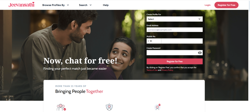 jeevansathi homepage screenshot showing matrimonial dating platform interface with profile browsing to meet new people online