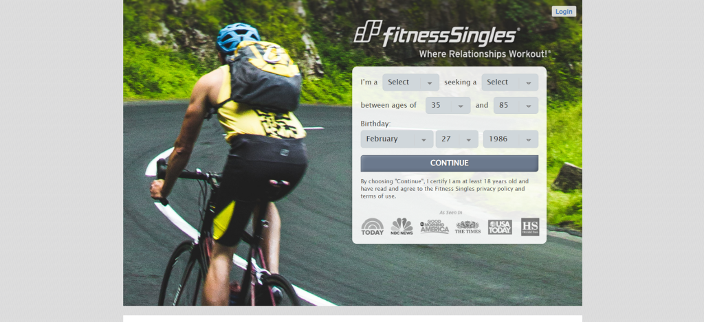 fitnesssingles homepage screenshot showing niche dating site interface with profile browsing to meet new people online