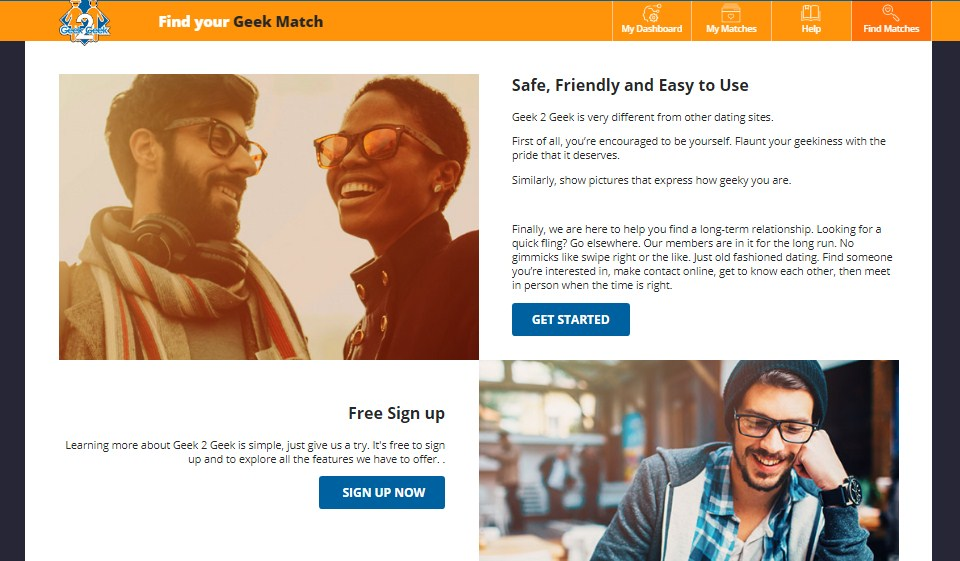 geek2geek homepage screenshot showing niche dating site interface with profile browsing to meet new people online